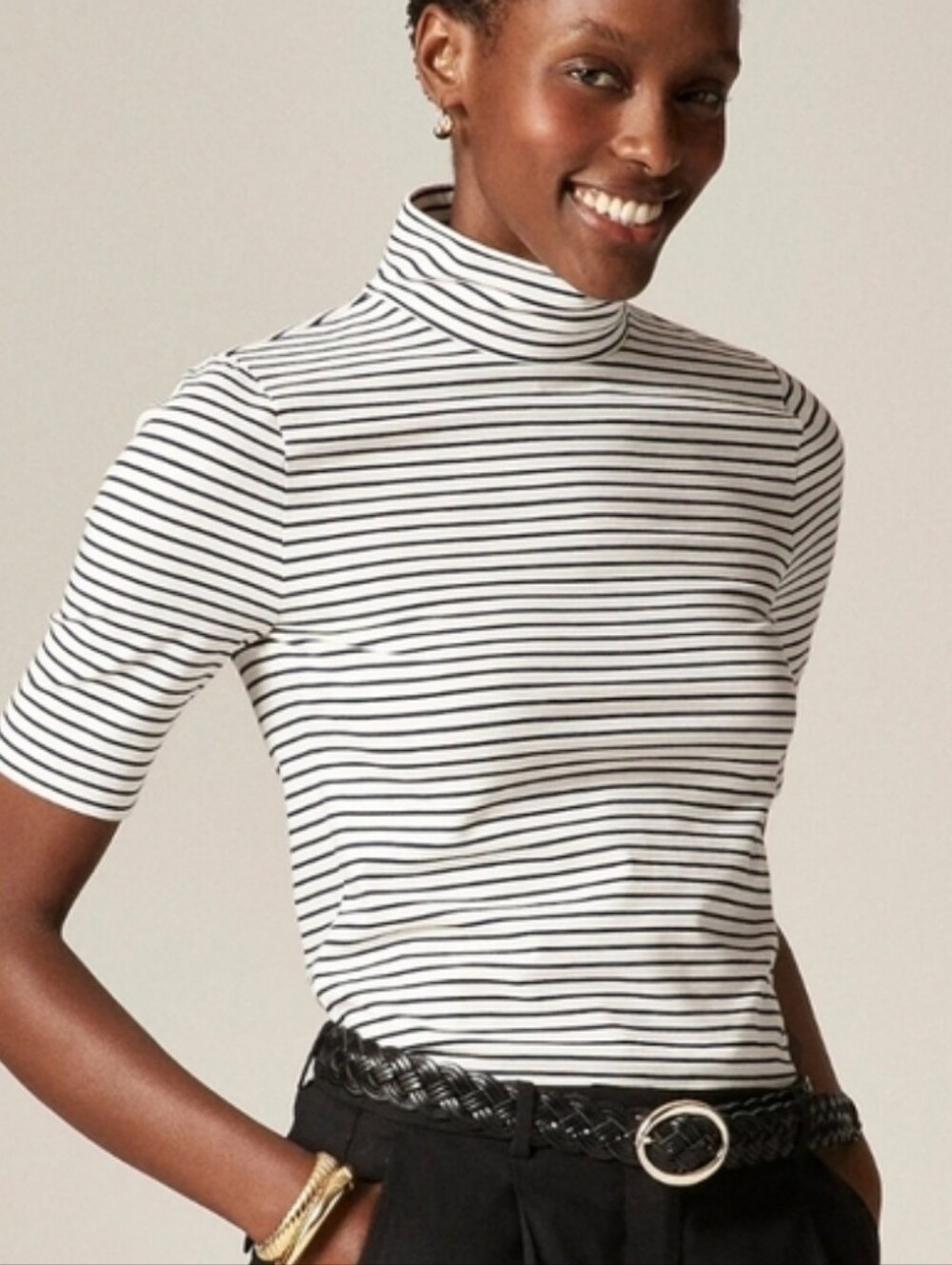 J. Crew White and Black Striped Short-Sleeve Turtleneck Size Small Preppy